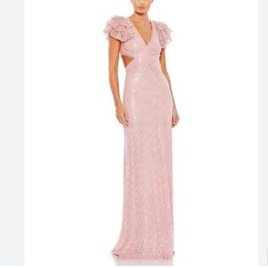 Mac Duggal Sequined Ruffled Cut Out Lace Up Gown Rose 10829